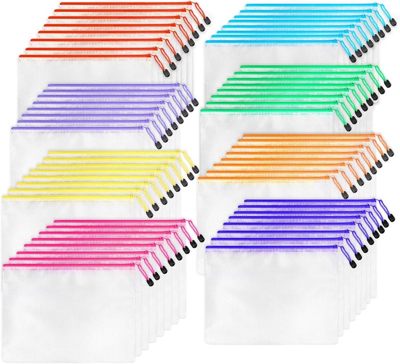 UMETDO 64pcs A4 Mesh Zipper Pouch Bags, Mesh Bags with Zipper Bulk, Pouches for Organization, Clear Storage Bags for Classroom, Travel, Office, Board Game - Image 1